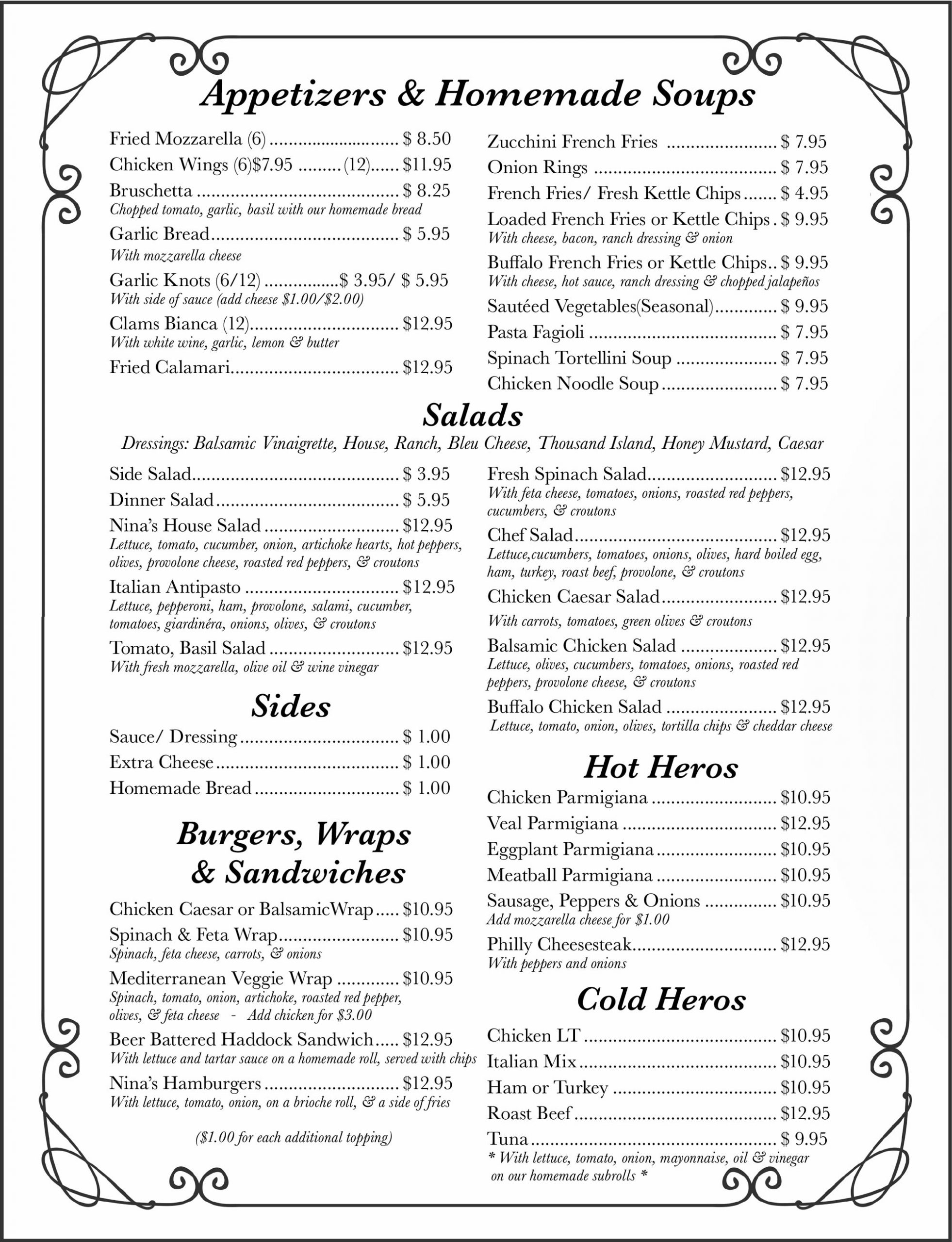 Our Menu | Nina's Italian Restaurant & Pizzaria