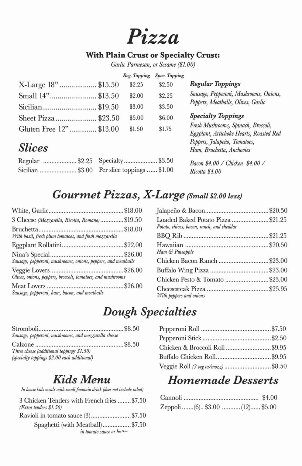 Our Menu | Nina's Italian Restaurant & Pizzaria