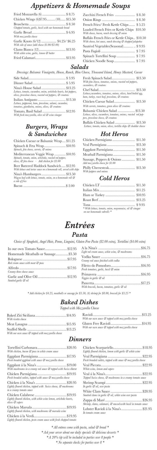 Our Menu | Nina's Italian Restaurant & Pizzaria