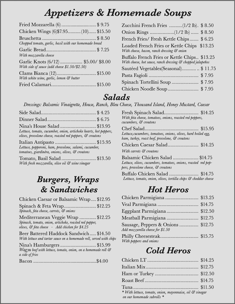 Our Menu | Nina's Italian Restaurant & Pizzaria