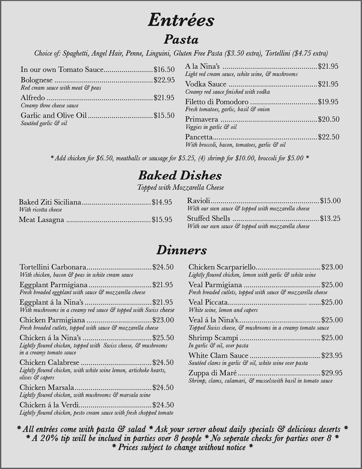 Our Menu | Nina's Italian Restaurant & Pizzaria