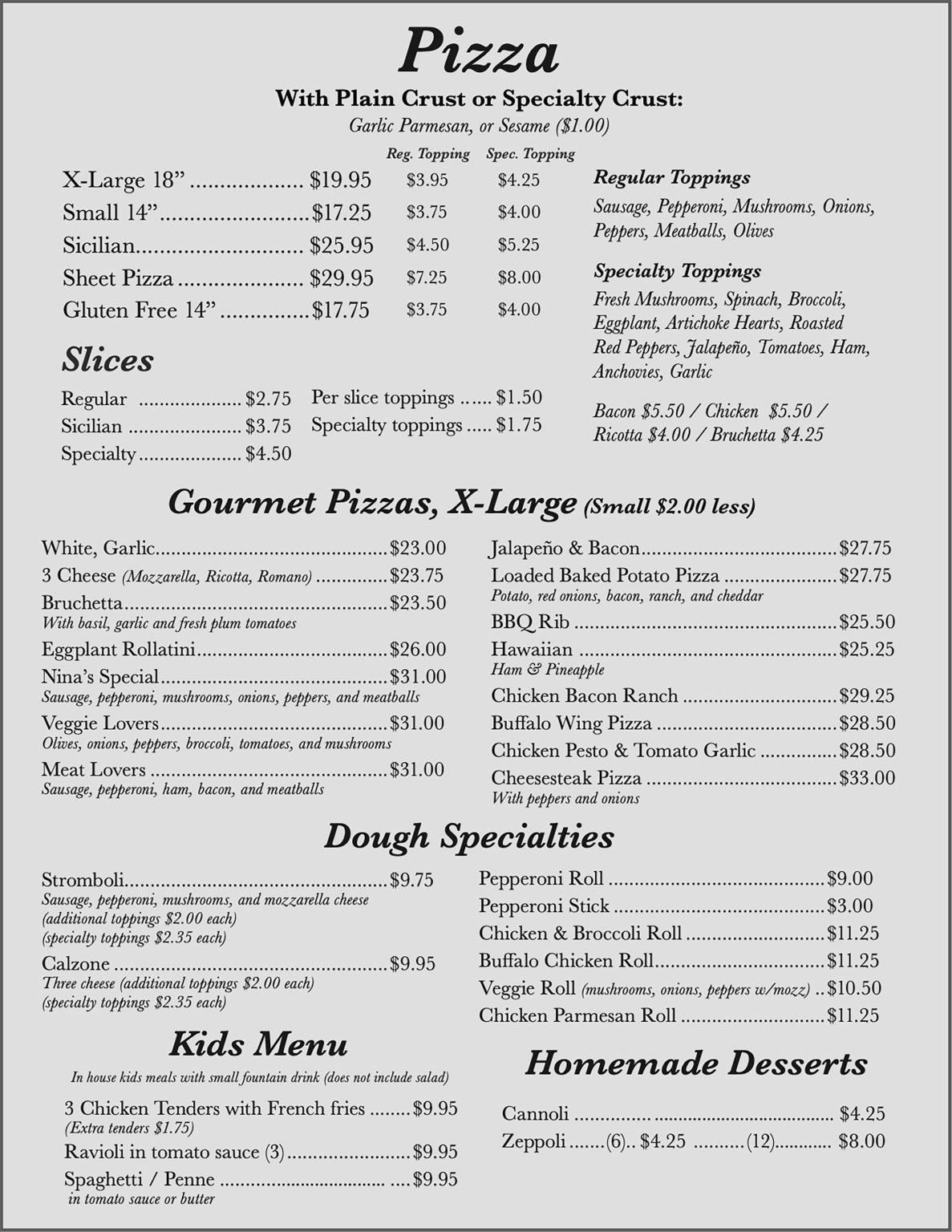 Our Menu | Nina's Italian Restaurant & Pizzaria